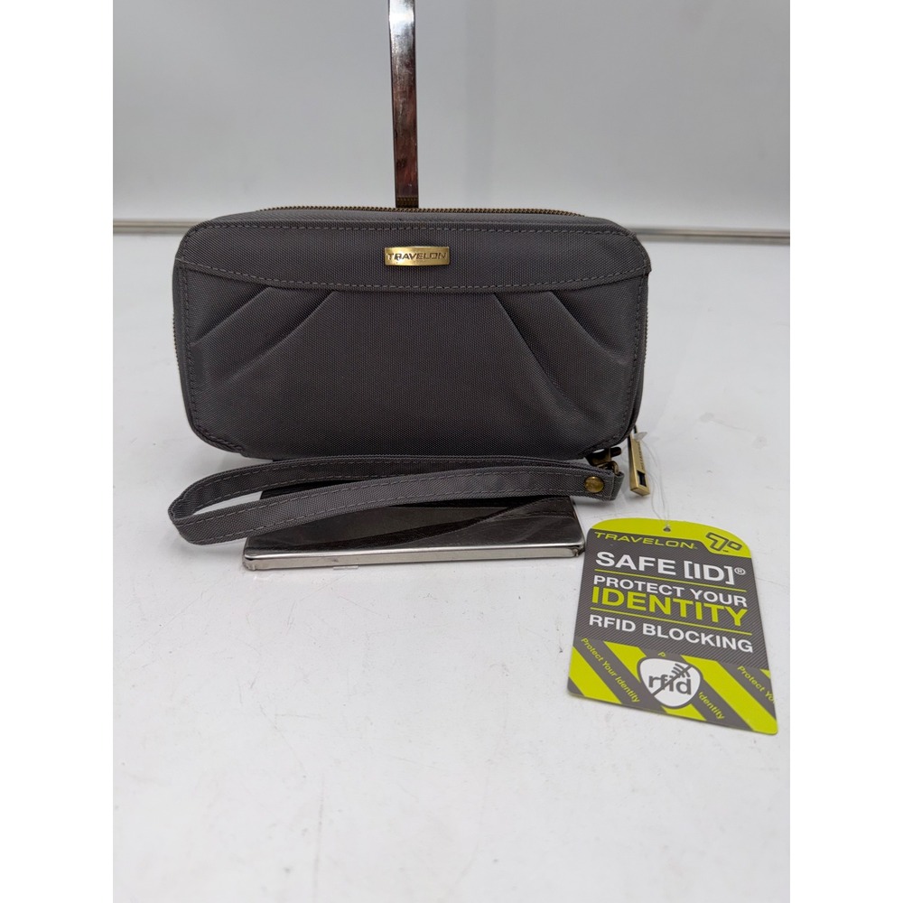 Travelon RFID Blocking Wristlet Wallet Gray Purple Nylon Travel Clutch New